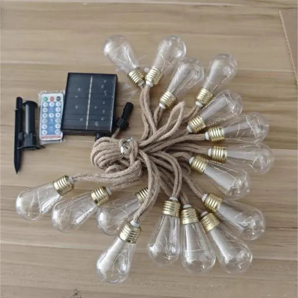 7.5m solar hemp rope globe string lights with 16 lights, remote control, warm or colourful light