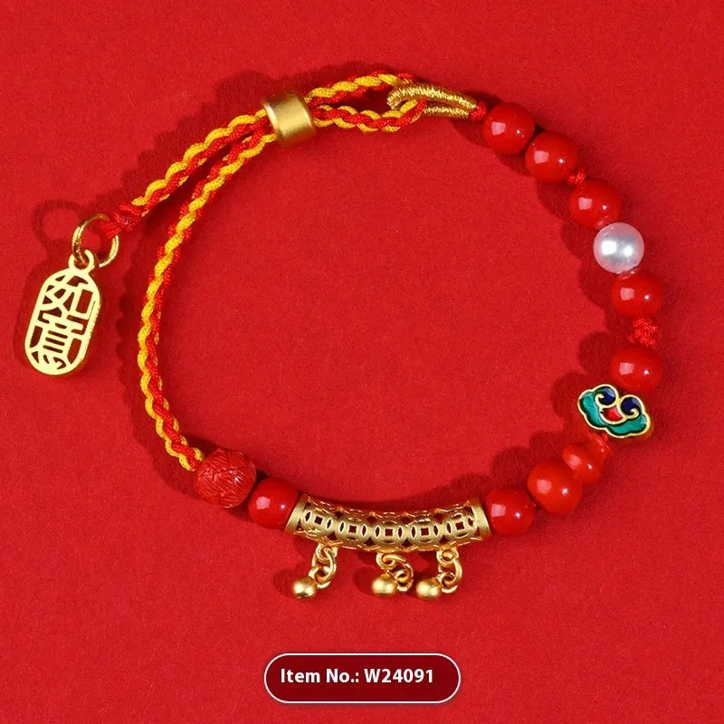 Women's hand-woven cinnabar red sand bell bracelet with round geometry design on neutral background