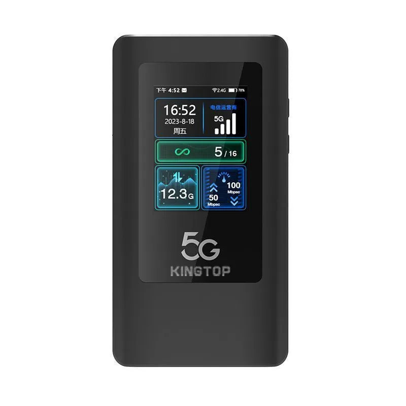 Black portable 5G Wi-Fi router with LCD display, 4400mAh battery, and USB-C port