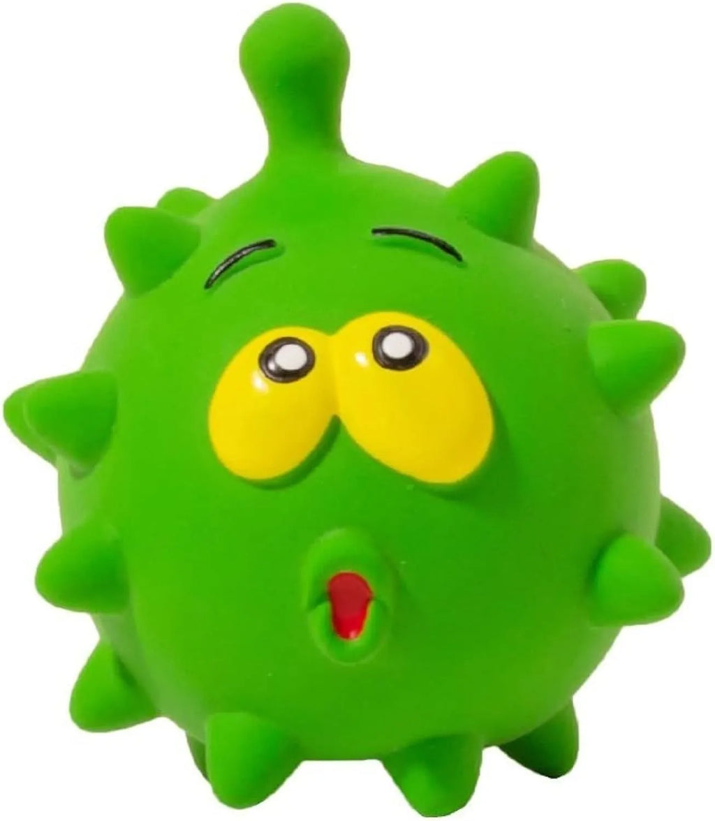 Set of four colourful squeaky dog balls with cute animal faces on a white background.