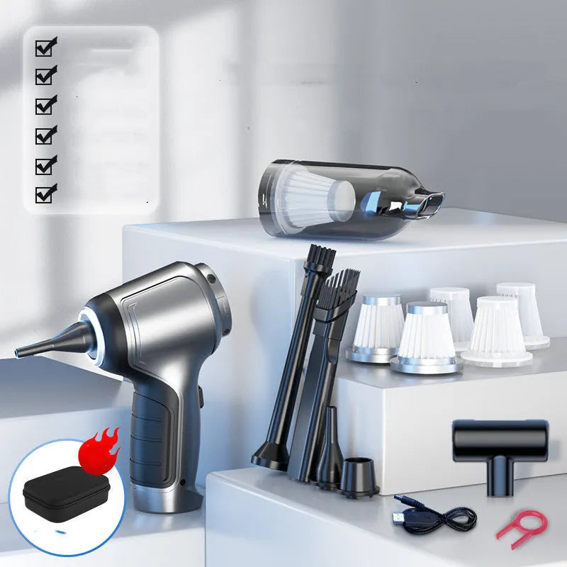 Handheld cordless vacuum cleaner unit for use in cars and homes, showing its portable design.