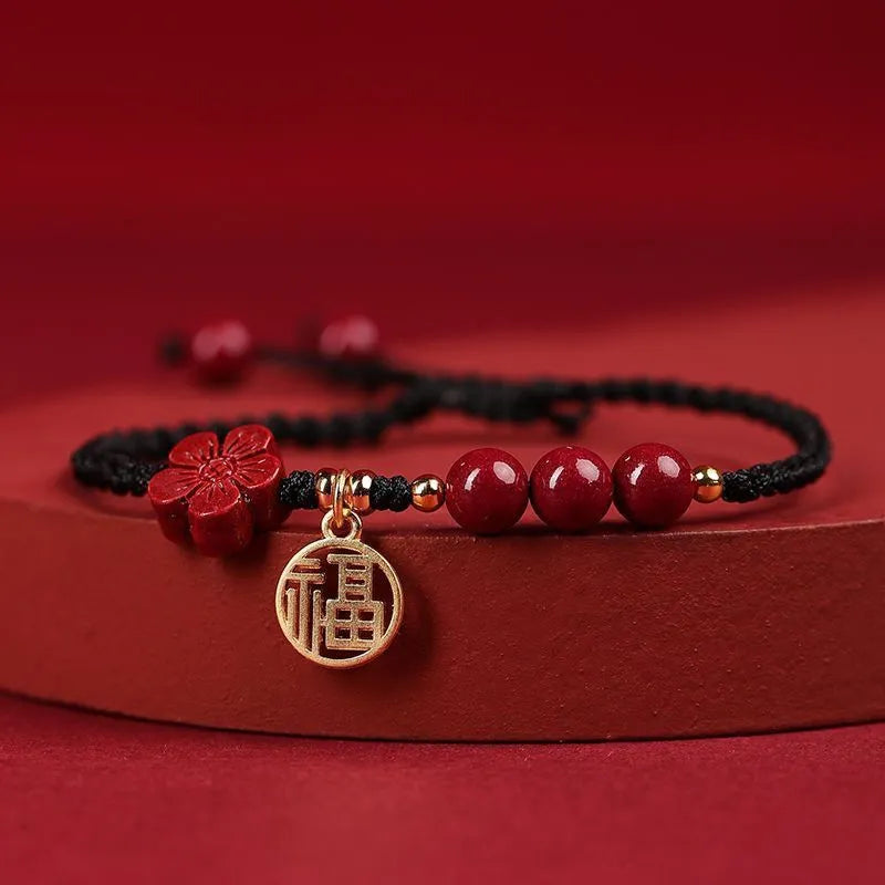 Cinnabar braided rope bracelet with round bead blessing card in wine red colour