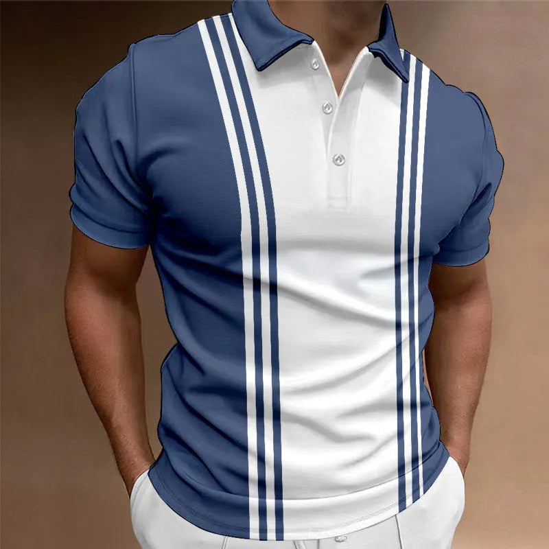 Casual 3 button lapel men's T-shirt in blue, loose fit short sleeve polyester top