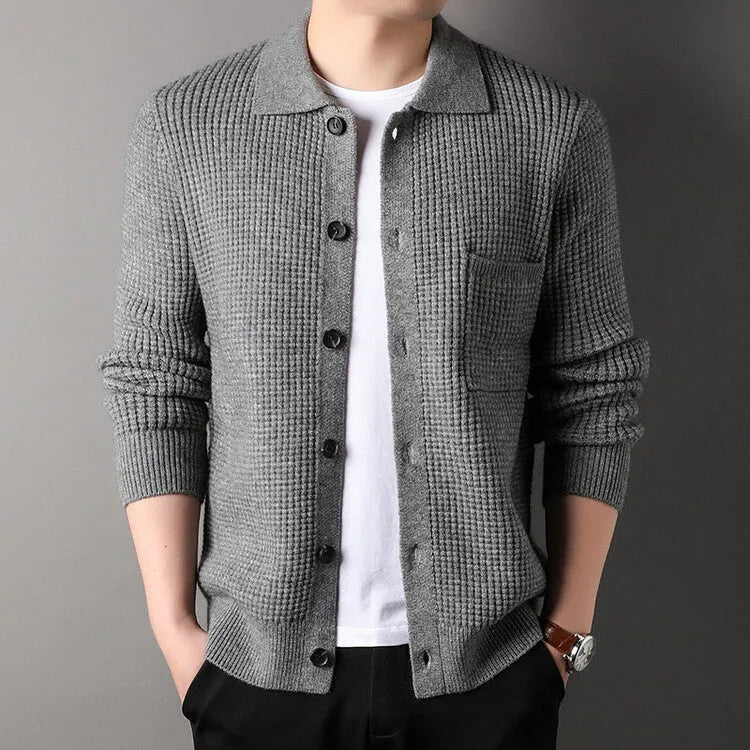 Twist jacquard lapel cardigan men's loose fit knit top coat in black gray beige