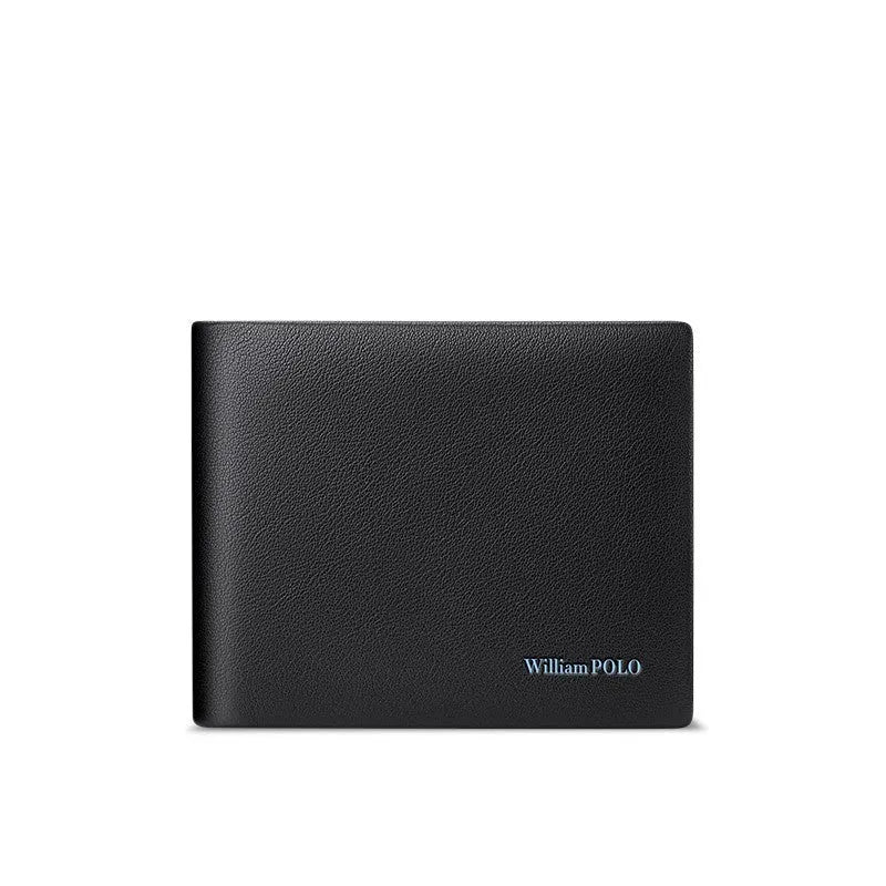 Men's first layer cowhide leather wallet with letter pattern and anti-theft RFID function, front view