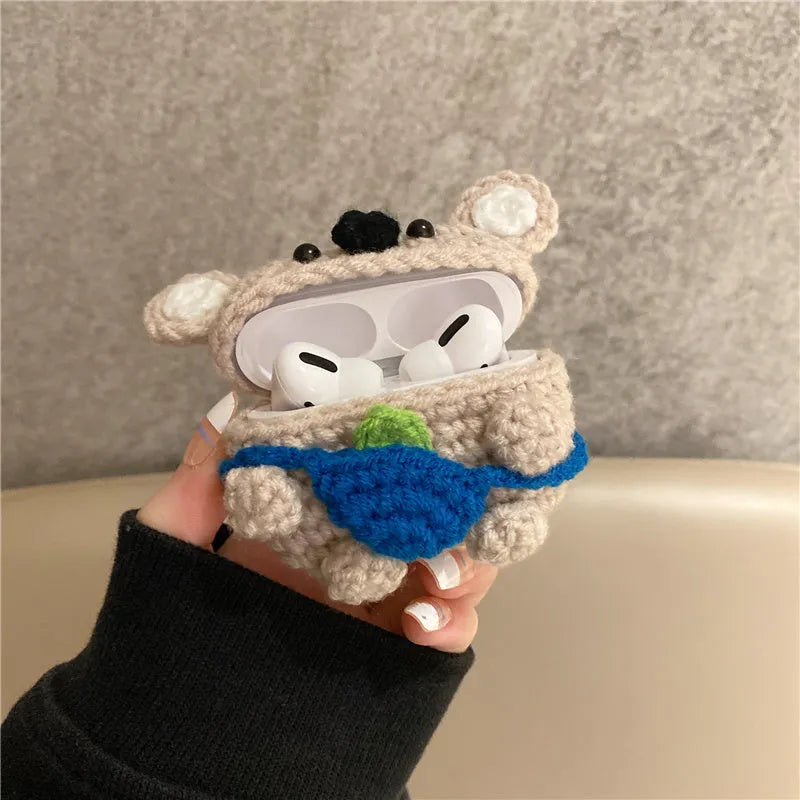 Hand-knitted koala bear backpack design cover for Apple AirPods and AirPods Pro charging case.
