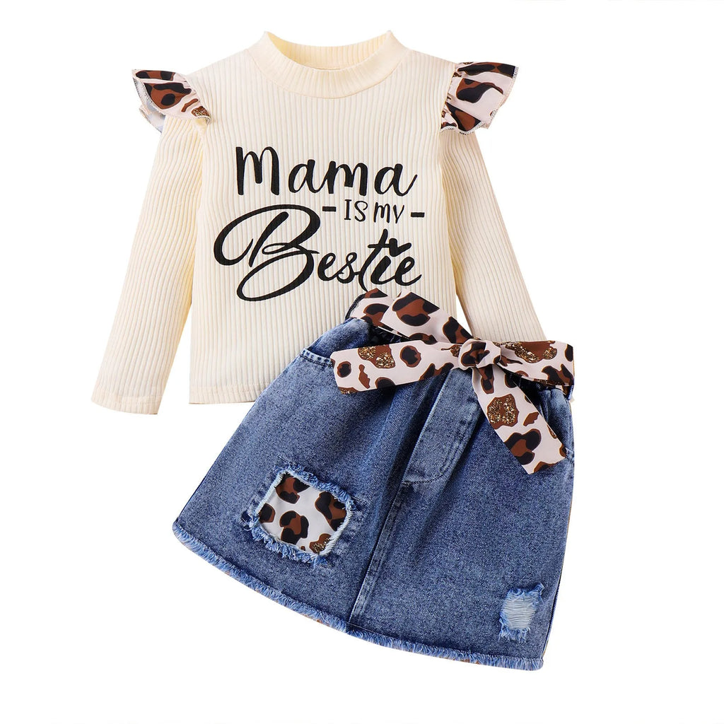 Children's apricot three-piece skirt suit with cotton top, leopard patch denim skirt, and sunken stripe letter jacket for girls 4Y-7Y