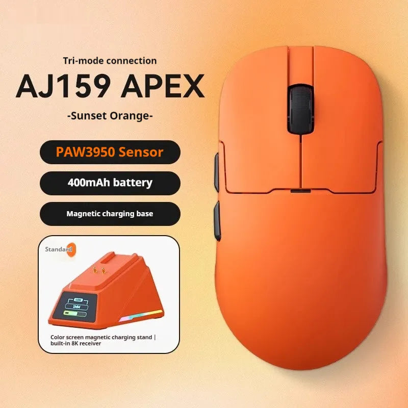 AJ159 gaming mouse in various colours showing compact design with Teflon feet.