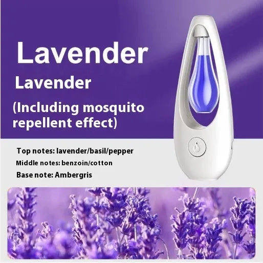 White ultrasonic aroma diffuser with control buttons and mist output, shown with essential oil bottle