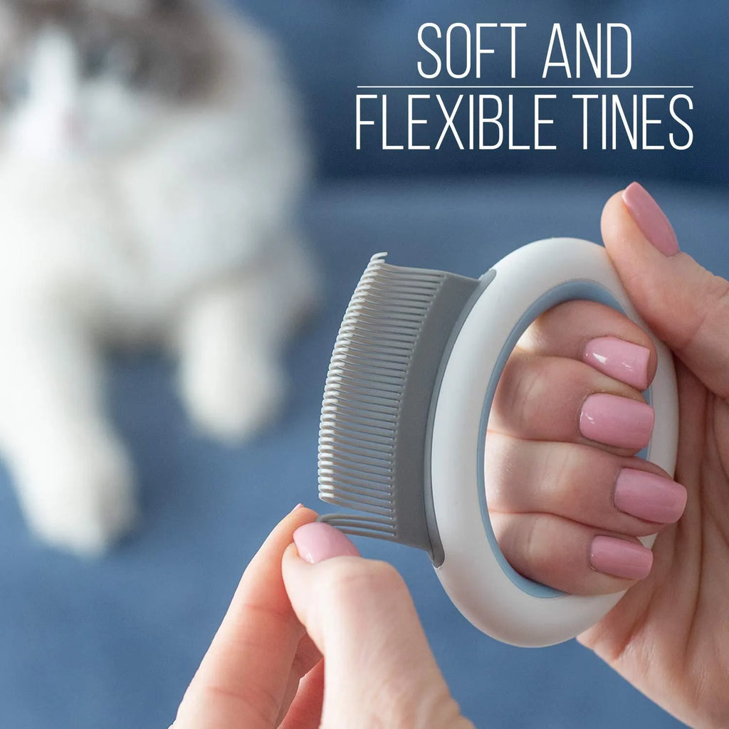 Blue plastic pet grooming comb with ergonomic handle for deshedding cats and dogs.