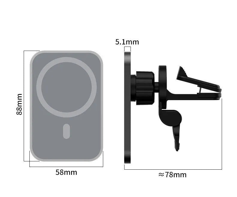 Black magnetic car wireless charger with air vent mount, N52 magnet, Type-C port, 15W output, aluminium alloy and ABS body