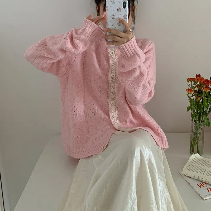 Korean art retro sweater coat cardigan in viscose fibre fabric available in apricot green pink light grey colours