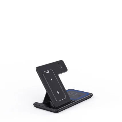 15W 3 in 1 foldable wireless charger stand in white or black with Type-C and dual coil, for phone, iWatch and AirPods Pro.