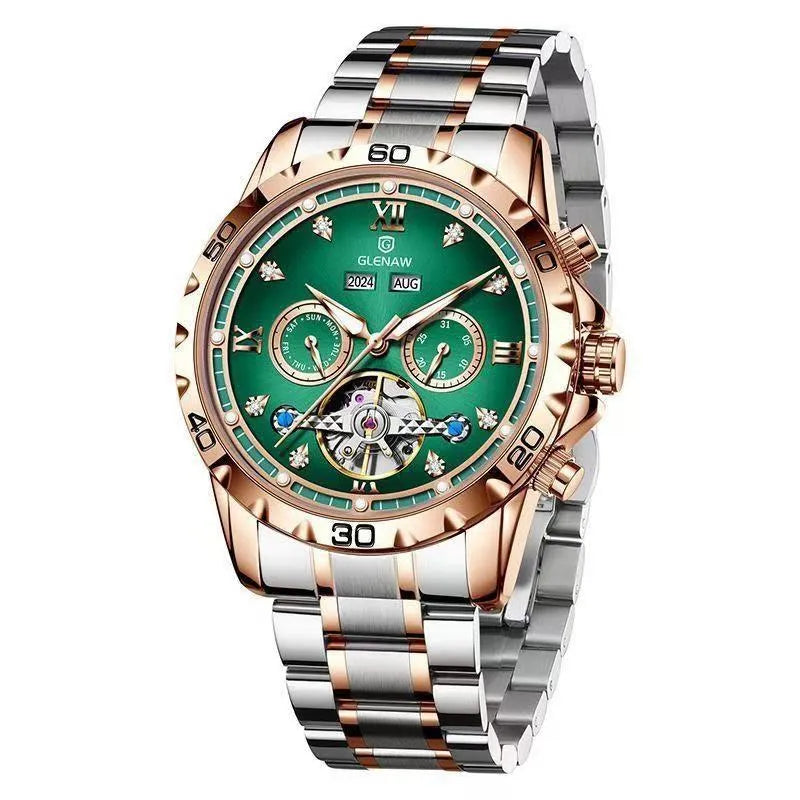 Men's automatic mechanical watch with metal case, stainless steel strap, and mineral glass face in business style