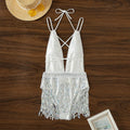 White one-piece swimsuit with a deep V-neckline and a tassel detail.