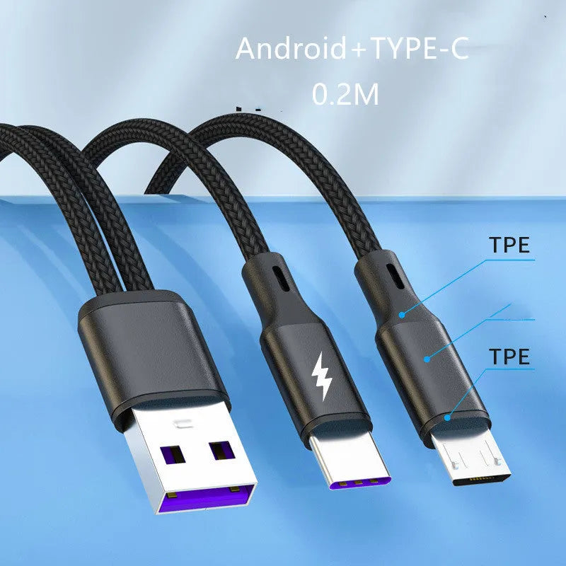 Black braided two-in-one USB charging cable with two Android connectors on a table.