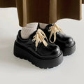 Matte black women's lace-up shoes with a chunky rubber sole and 6-8cm heel.