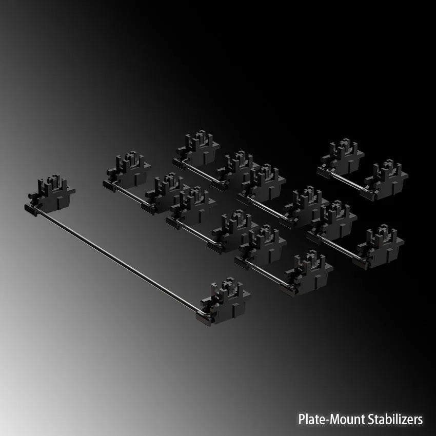 Keyboard stabiliser accessories set showing black and milky white 6.25U and 7U satellite axis stabilisers