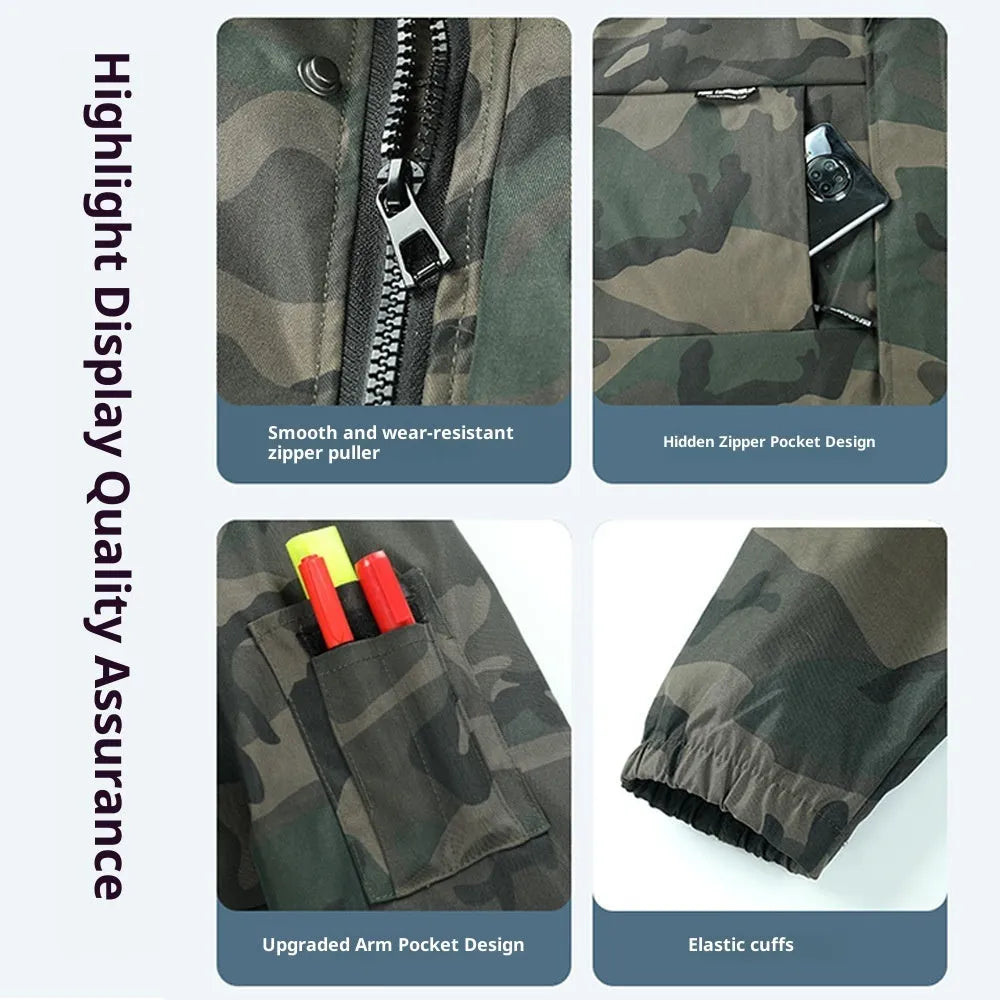 Men's camouflage suit jacket and trousers set in green forest colour, synthetic fibre, long sleeves, Asian size.