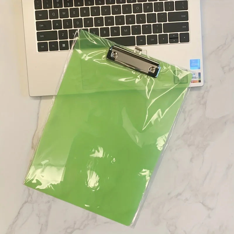 A4 transparent writing board pad with metal clip showing document display and writing surface
