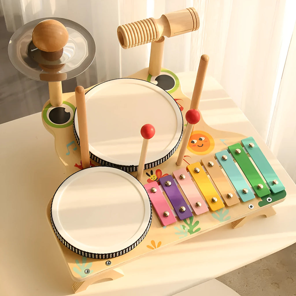 Wooden frog multifunctional drum kit early educational toy set, 33 x 30 x 23cm, in colour box