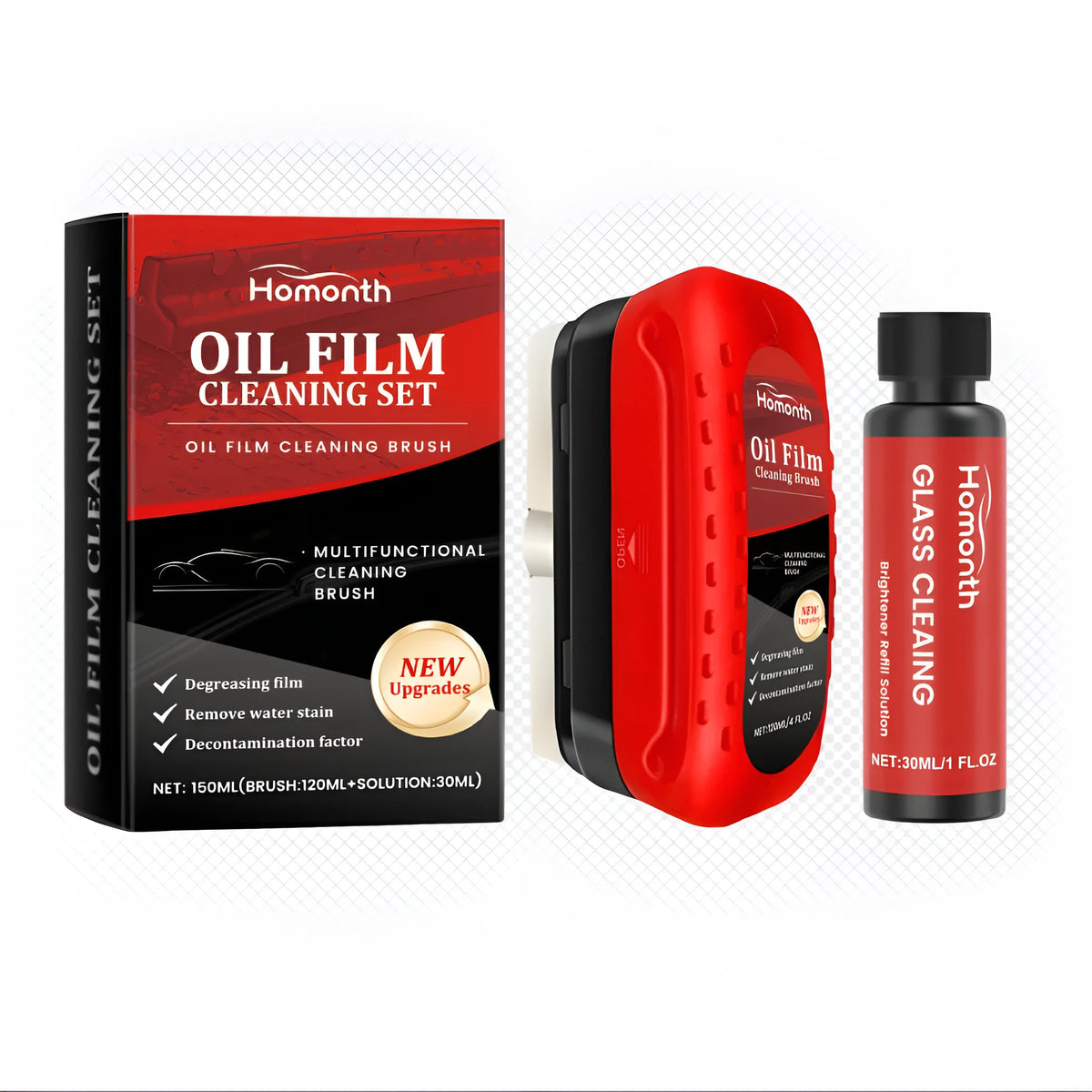 Glass oil film remover set with brush and two liquid bottles for car windscreen decontamination