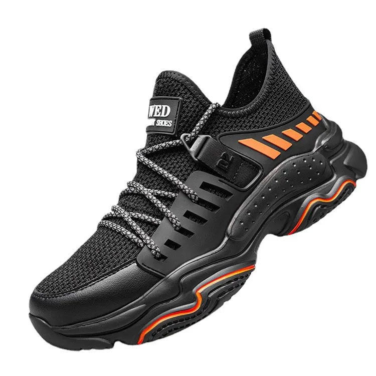 Black safety protection shoes with steel toe cap and flat knitted uppers for industrial work