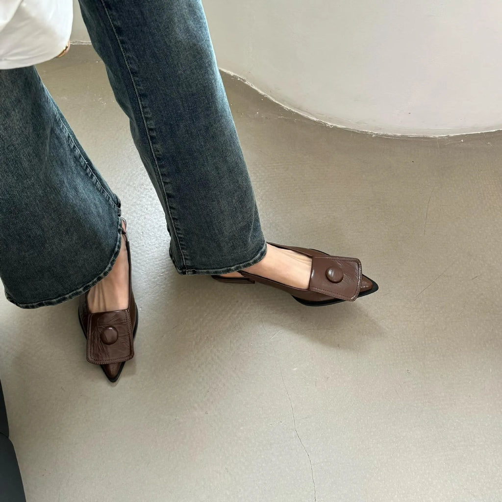 Women's low-heel pointed toe sandals with closed front and back strap in multiple colour options