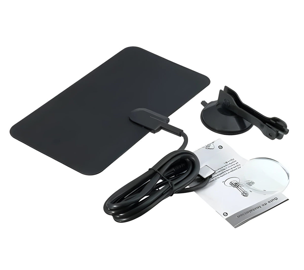 Indoor digital TV antenna for DVB-T DVB-T2 HDTV reception with EU plug option on a table near a television
