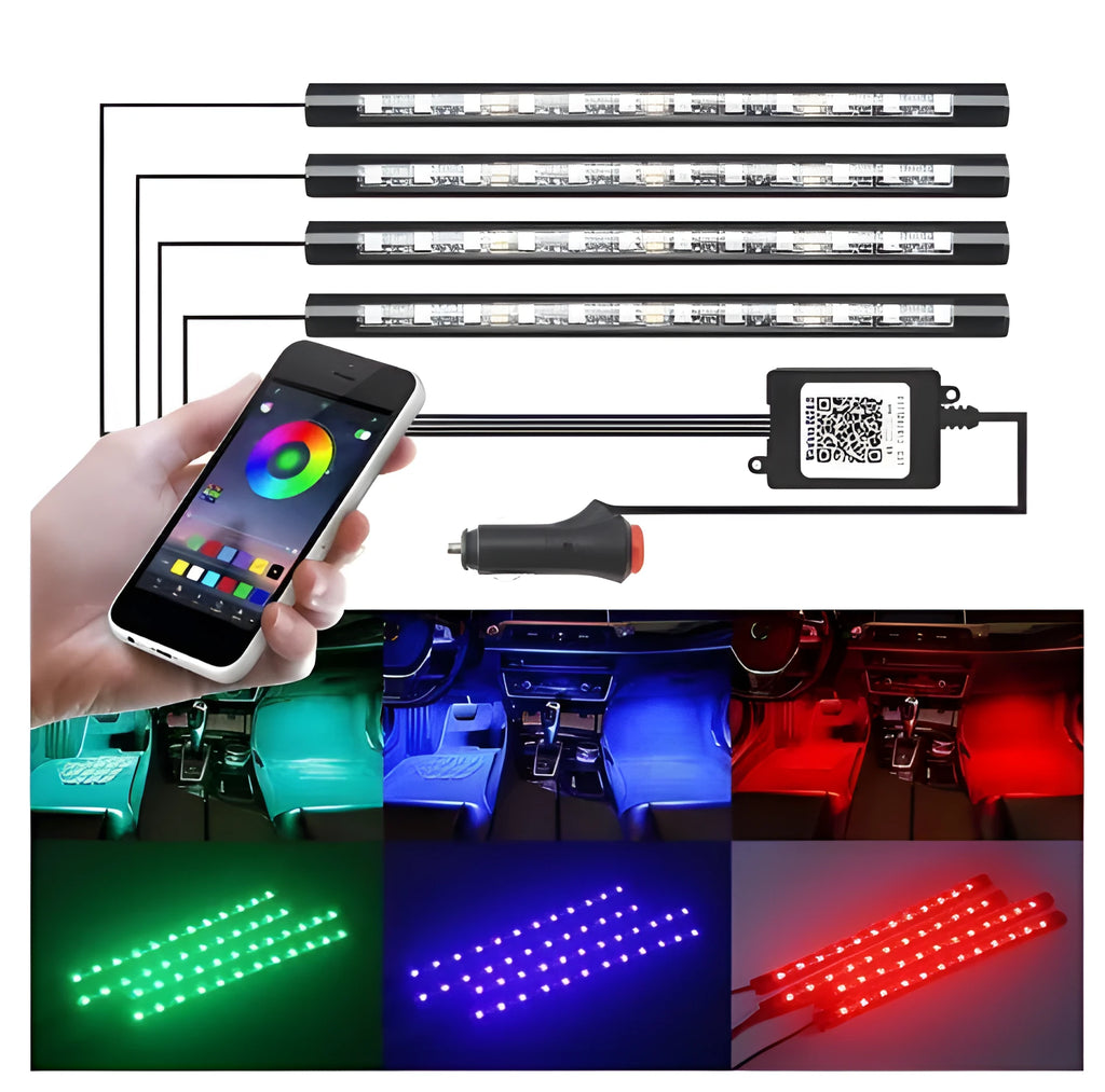 One for four RGB APP controlled LED car interior atmosphere light kit with 5050SMD chips and music sync mode