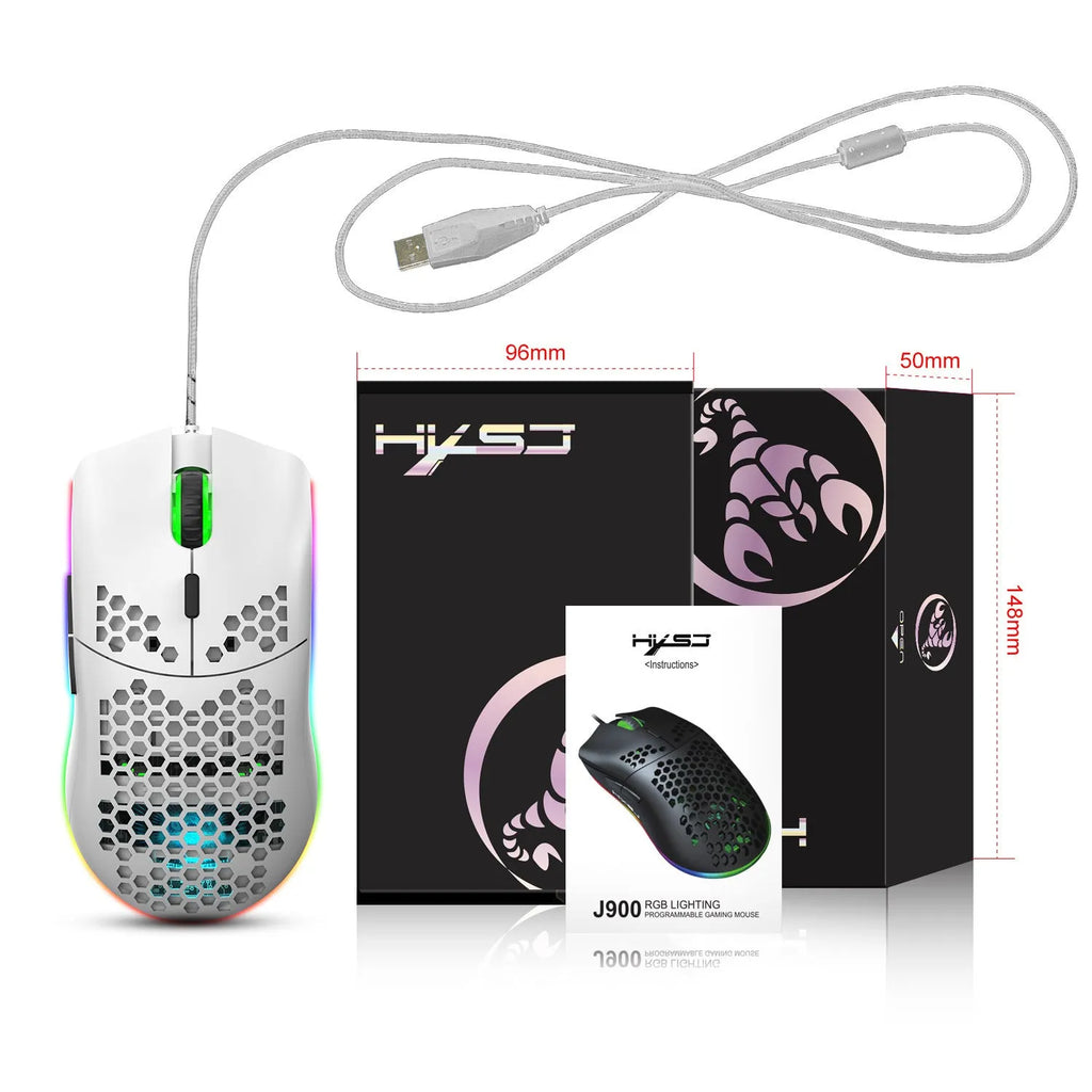 Lightweight honeycomb shell gaming mouse with RGB lighting, black, 6 programmable buttons