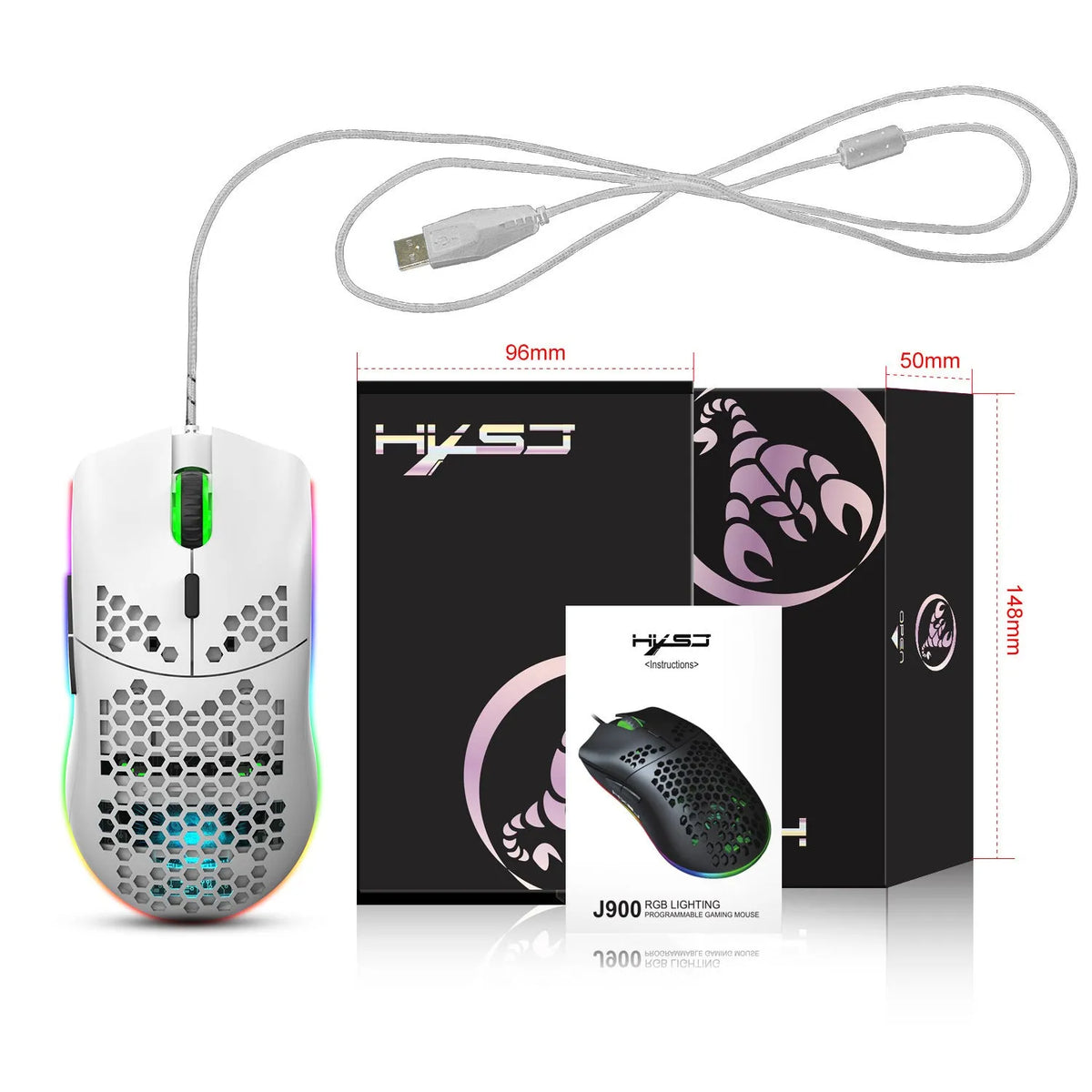 Lightweight honeycomb shell gaming mouse with RGB lighting, black, 6 programmable buttons