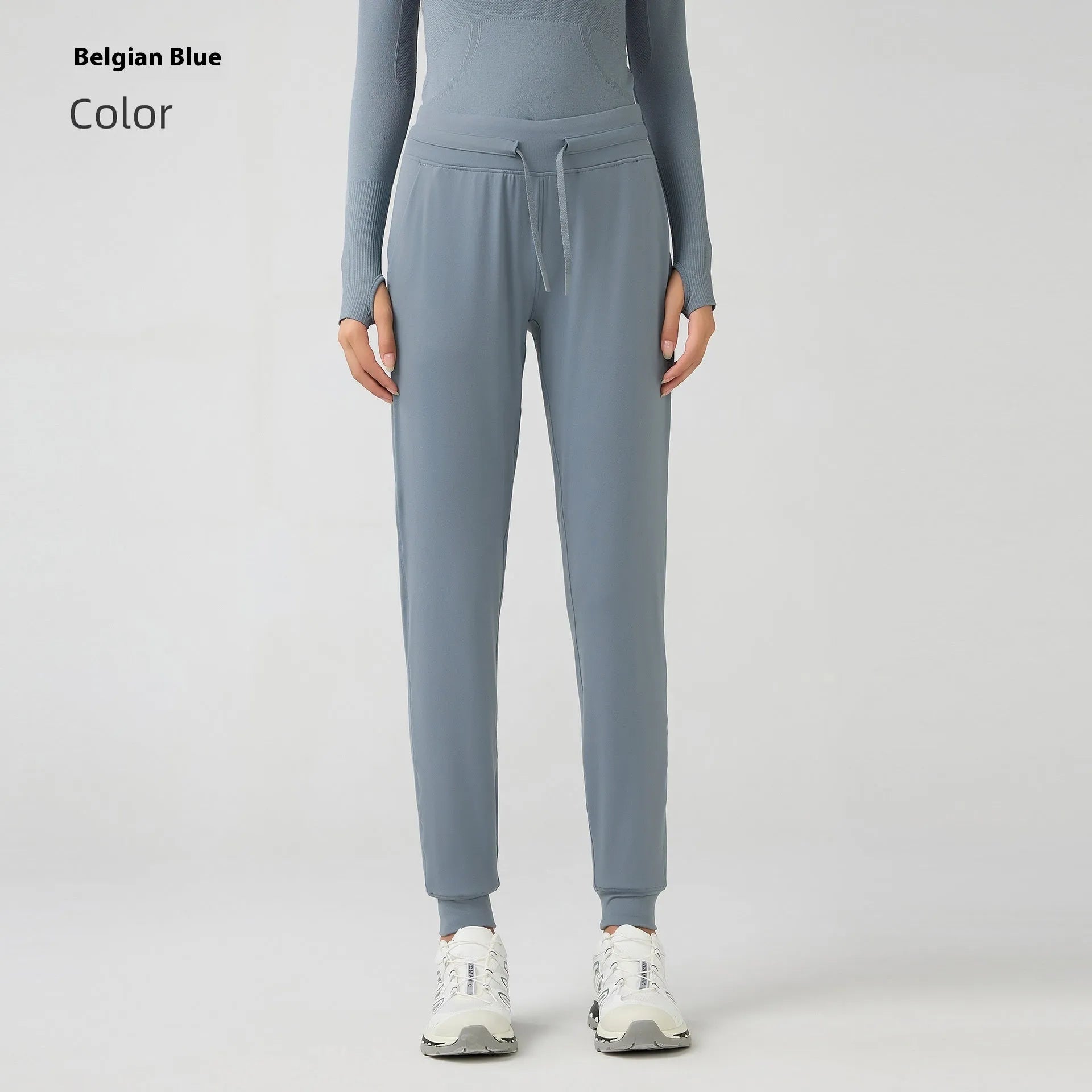 Women's high waist yoga pants in Belgian Blue colour with drawstring waistband for running fitness