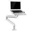 Black aluminium laptop stand with adjustable arm bracket raised above a desk.