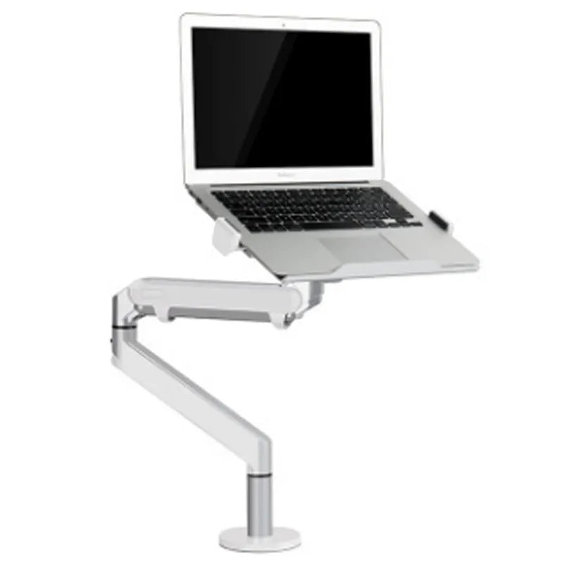 Black aluminium laptop stand with adjustable arm bracket raised above a desk.