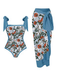 Women's printed floral chiffon swimsuit two-piece set with a matching skirt.