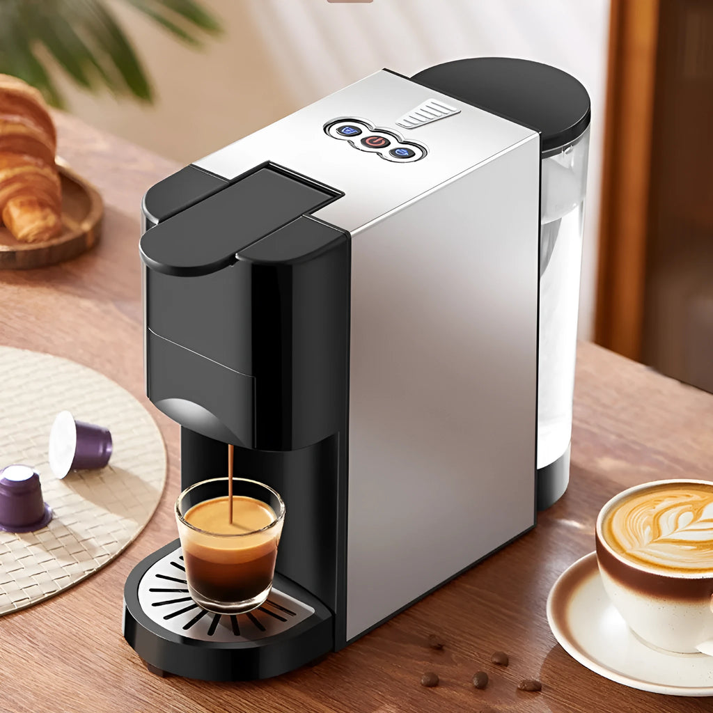 Silver gray automatic capsule coffee machine with stainless steel and PP body, water tank for 3-5 cups