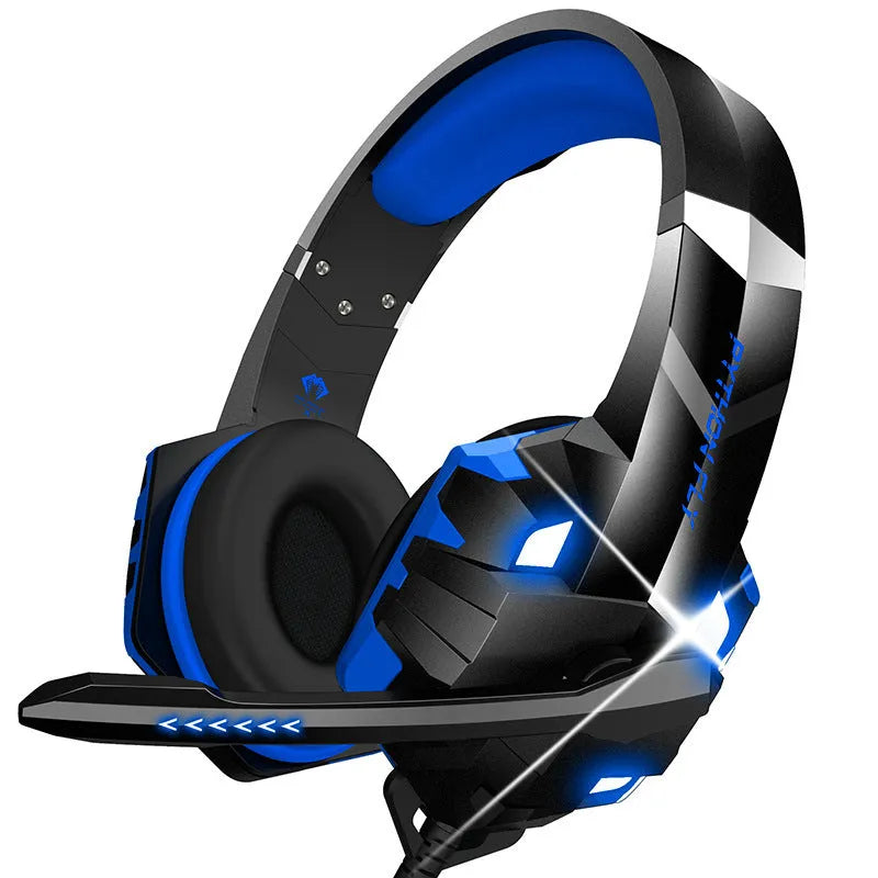 Blue wired gaming headset with microphone and LED lights showing 3.5mm plug