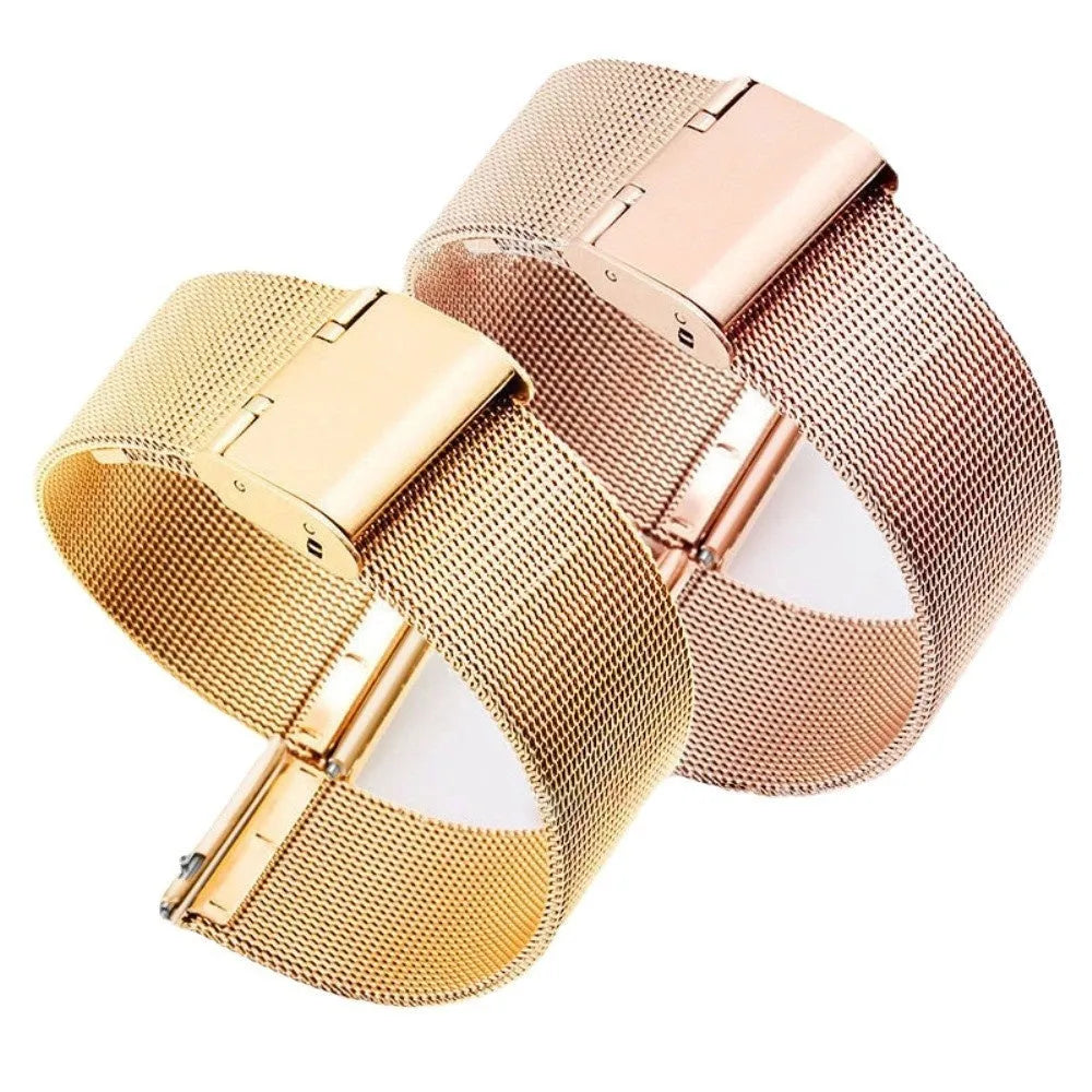 Milani silk woven stainless steel watch band in silver, showing quick-release pins and textured weave.