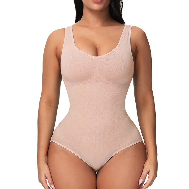 Green seamless nylon bodysuit shapewear for women on a hanger, showing its one-piece waist training design.