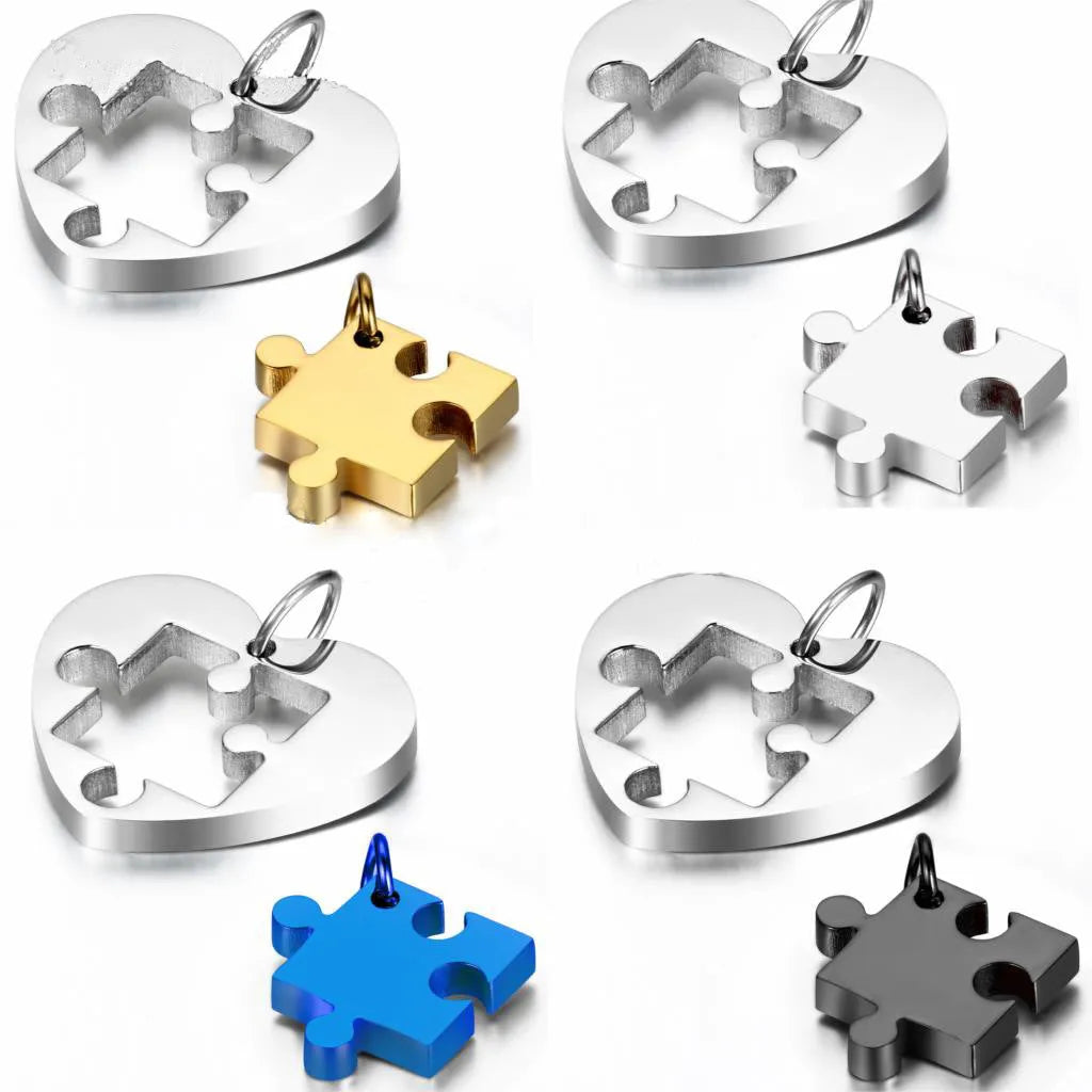 Stainless steel love pendant necklace couple puzzle heart 52mm in silver colour gloss finish