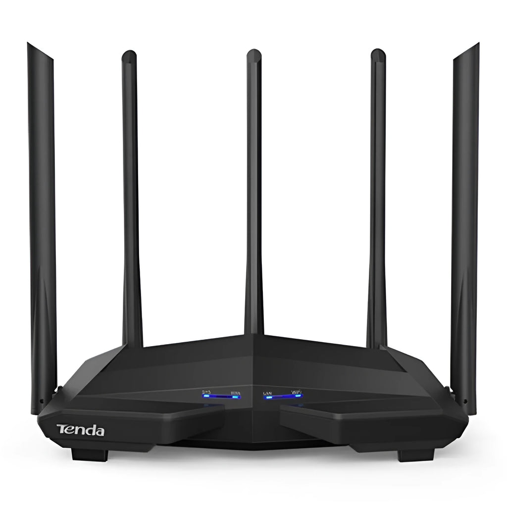 Black AC11 wireless router showing Gigabit ports and compact 220mm design