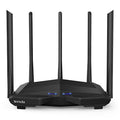 Black AC11 wireless router showing Gigabit ports and compact 220mm design