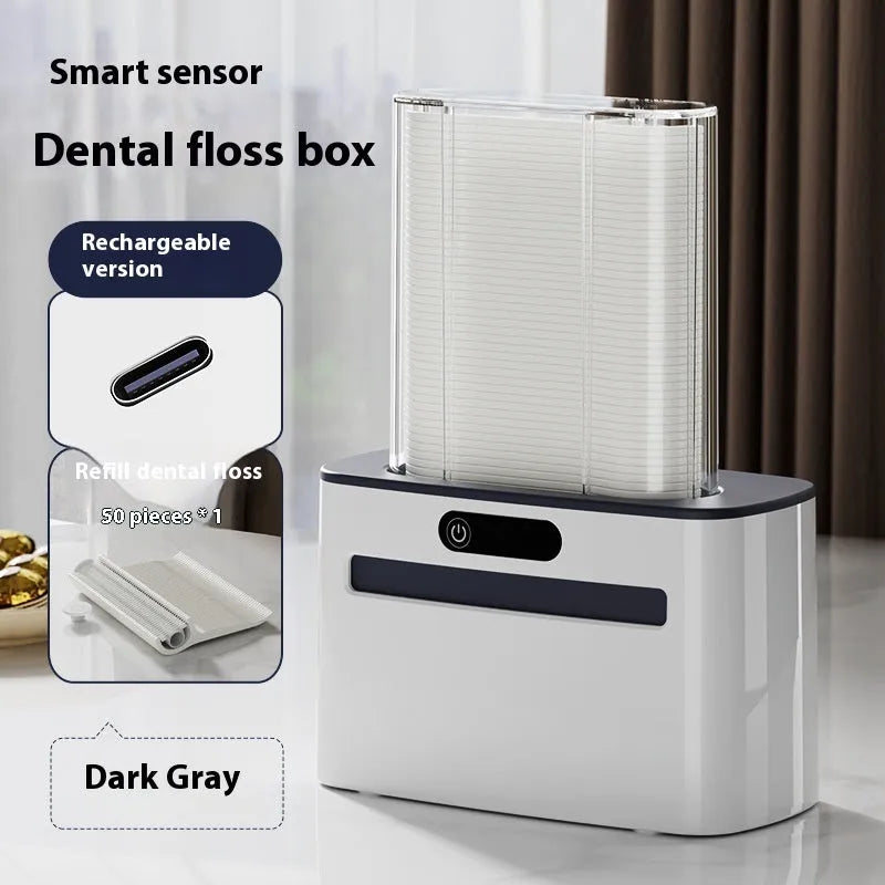 Intelligent induction dental floss box in dark gray, light gray, and gold colour options with USB charging port