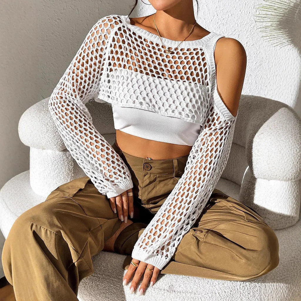 Mesh shirt with hollowed navel design in one of six colours: white, black, lake green, coffee, brick red, or army green.