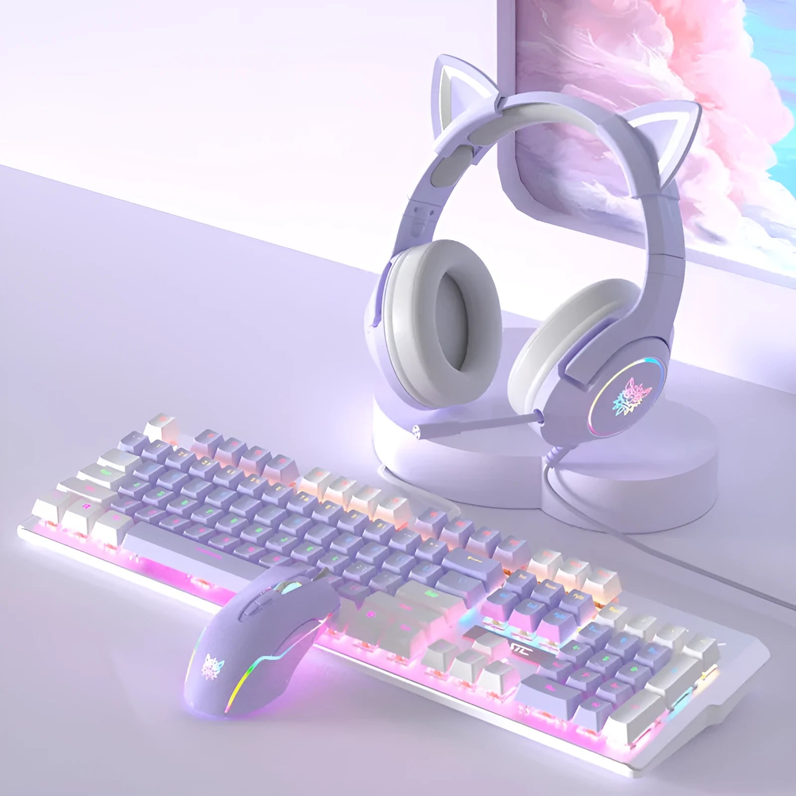 White and purple mechanical keyboard and mouse gaming combo with backlight