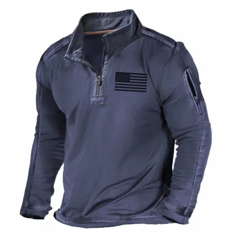 Men's black zip-front stand collar long-sleeved sports sweater laid flat.