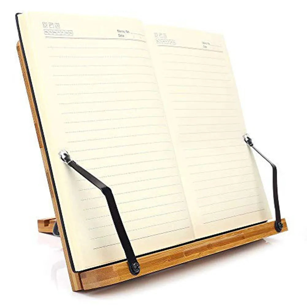 Natural bamboo hollow reading frame on a desk holding an open book in M size with hollow finish