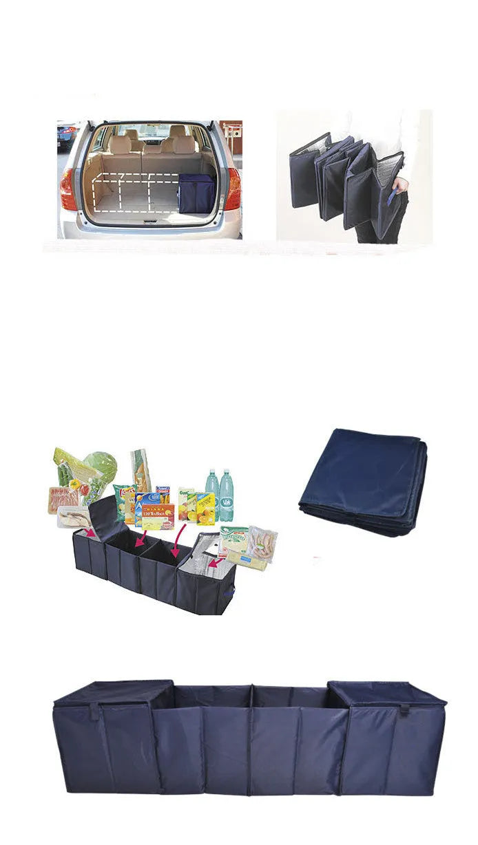4-compartment foldable multipurpose car storage box in black oxford fabric, measuring 115x30x30cm