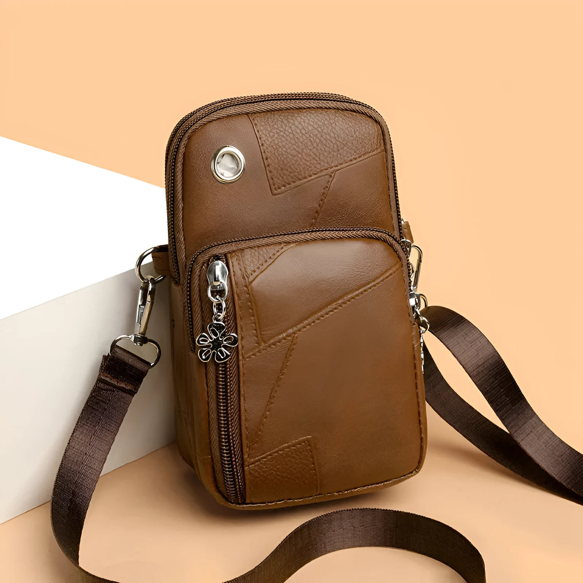 Mini vertical PU phone bag with polyester lining and sandwich pocket in black brown pink water blue